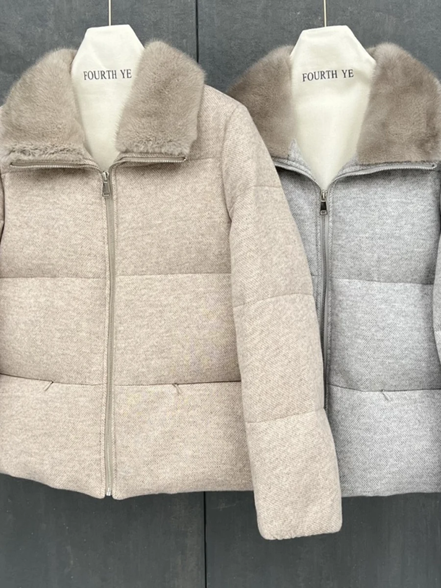 Alta qualidade 2025 inverno nova lã cashmere gola de pele de vison feminino curto engrossado branco ganso para baixo casaco de pele