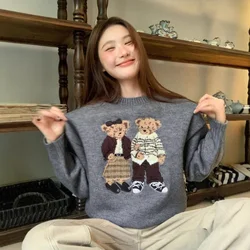 Harajuku Cartoon Bear Jacquard Knitted Sweater Women Pullover Autumn Winter Oversize Sweater Casual Sweet Korean Kawaii Jumpers