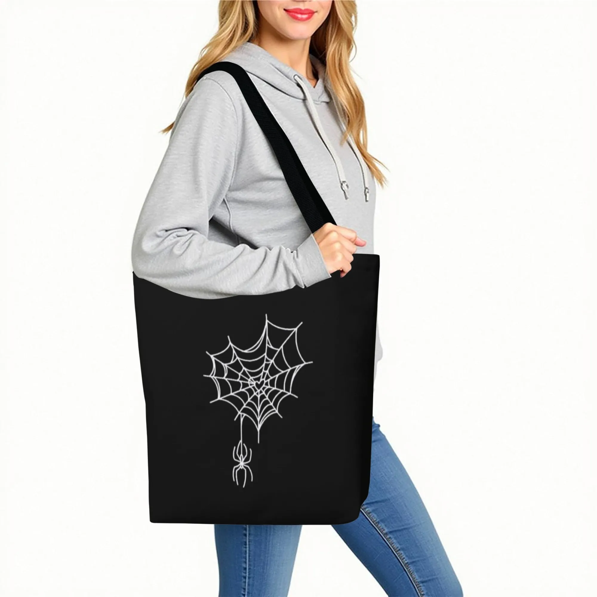 Dark Harajuku Style Shopping Tote Bag Spider Web Print Gothic Large Capacity Handbag for Women Daily Use Gothic Theme Bag