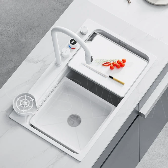 

Large single slot nano white sink digital display Taiwan control large single slot 304 stainless steel vegetable basin