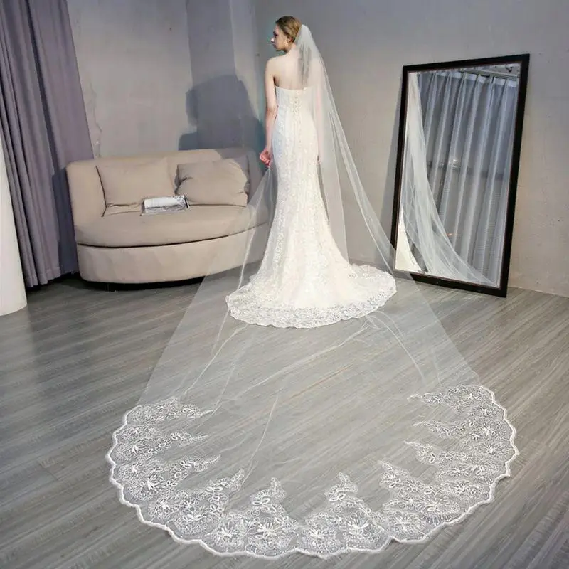 P9FE 4M einlagiger Damen-Schleier mit langem Kathedralen-Hochzeitsschleier, bestickt mit Blumenspitze – Detail 7
