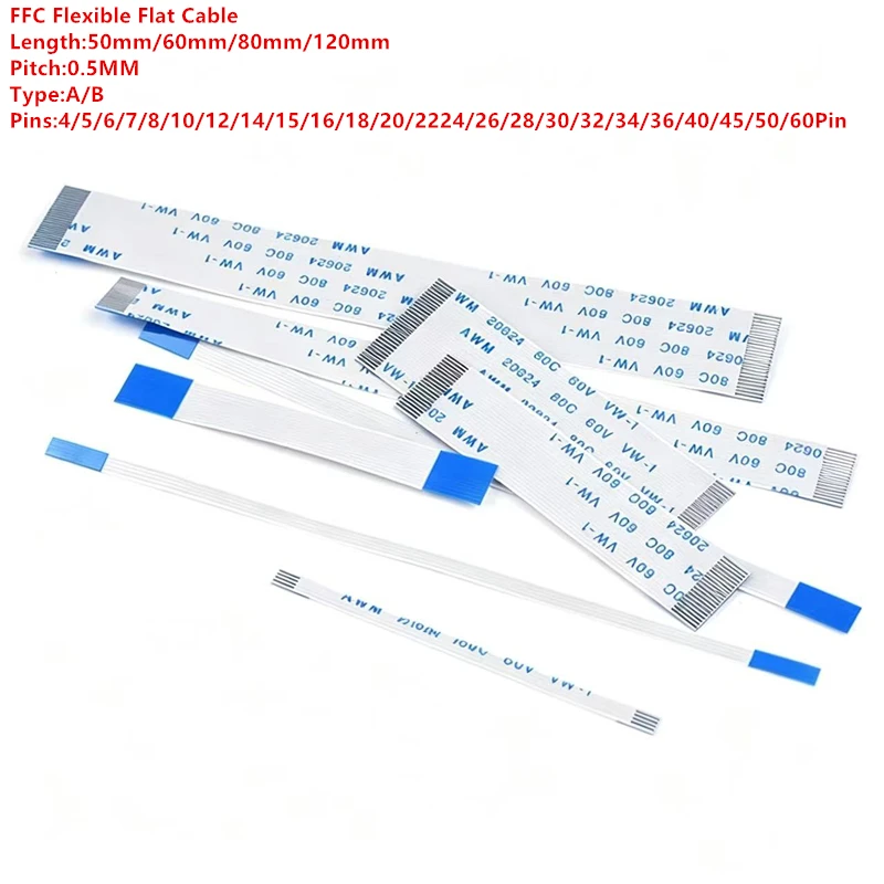 10PCS Flat Flexible Cable FFC FPC AWM 20624 80C 60V VW-1 FFC-0.5MM 4/5/6/8/10/12/14/16/18/20/22/24/26/30/32/34/36/40/45/50/60Pin