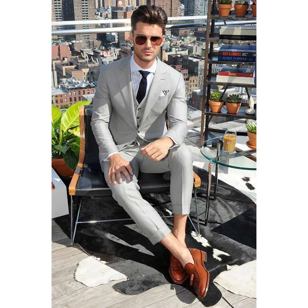 Fashion Chic Light Gray Suits for Men Single Breasted 3 Piece Jacket Pants Vest Male Clothing Slim Fit Business Blazer Sets