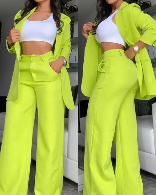 Elegant Womens Tracksuit Two Piece Sets Outfit Notched Collar Blazer Coat Pocket Design Pants Set 2023 Autumn Spring Pants Set