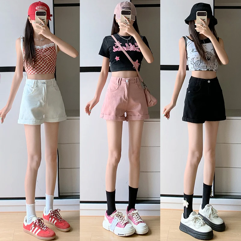 

Wide leg denim hot pants for women's summer pants 2024 new high waisted loose and slim curled edge thin straight leg shorts