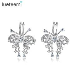 LUOTEEMI Luxury Full CZ Butterfly Hoop Earrings For Women Long Tassel Europe Zircon Women Bridal Wedding Huggies Clip Earrings