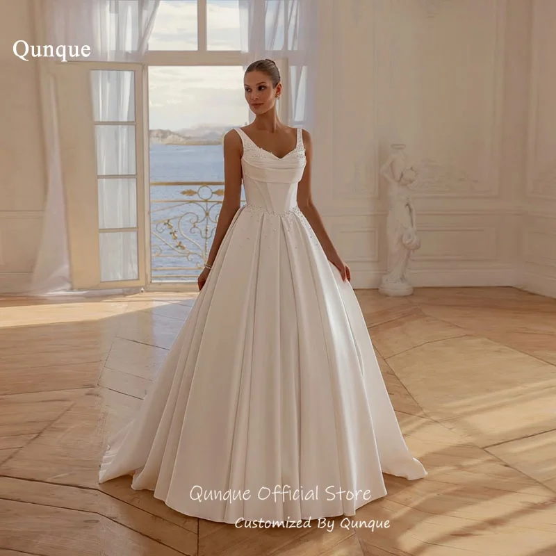 

Qunque A Line Pearl Embellished Wedding Dress Spaghetti Straps Evening Dress Floor Length Civil Vestido De Novia Boda Customized