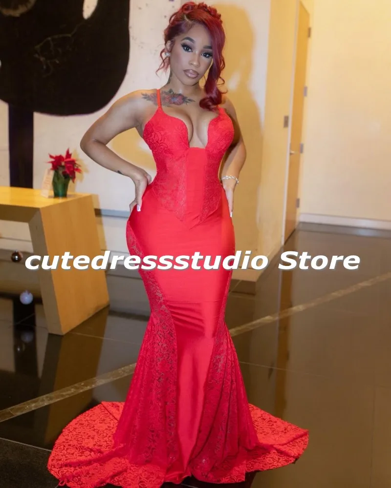 Sexy Red Prom Dresses For Black Girls 2024 Lace Party Gowns African Women Mermaid Evening Dress Court Train Customized