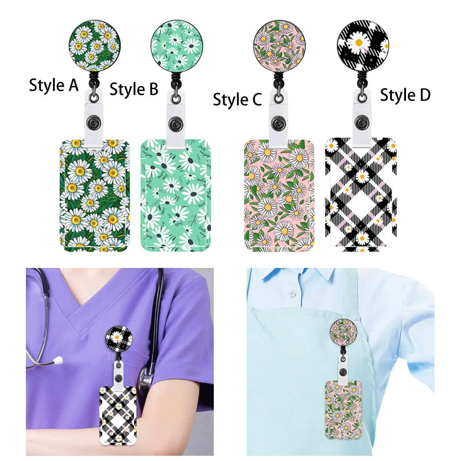 ID Badge Holder Retractable Clip Flower Pattern for Office Worker Versatile