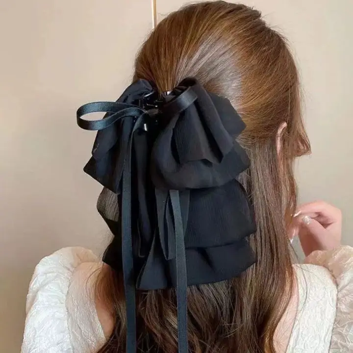 New Elegant Women Large Bow Hair Claw Chiffon Big Bowknot Stain Bow Barrettes Hairpin Women Color Ponytail Clip Hair Accessories