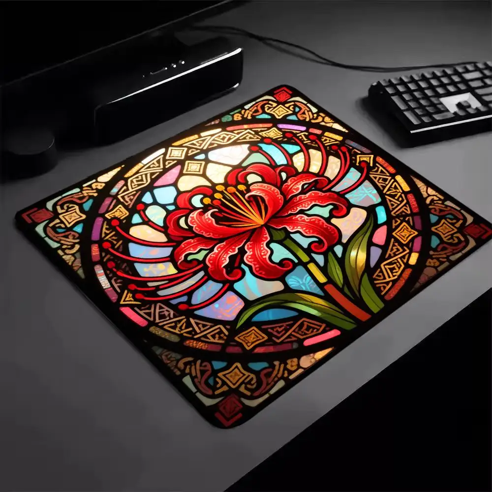 Vintage Stained Glass Red Rose Desk Mat Square Floral Art Non-Slip Rubber Mouse Pad PC Office Gaming Laptop Table Decor Mousepad