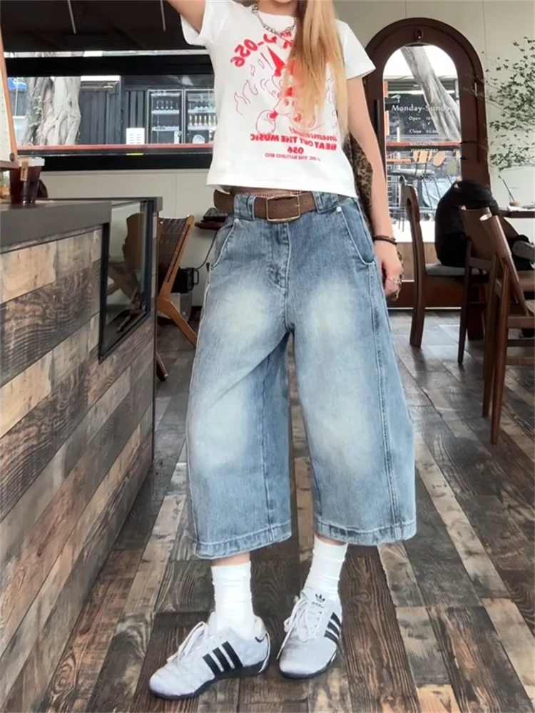 

Women's Retro Minimalist Style Denim Shorts Cool Girl Wide-leg Calf-length Pant Female Capris Straight Trousers Cropped Jeans