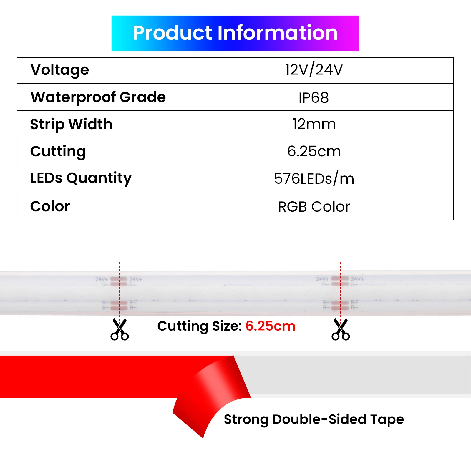 IP68 Waterproof RGB COB LED Strip 12V 24V Flexible LED Tape Ribbon High Bright 576LEDs/M Density Linear Lighting for Backlight