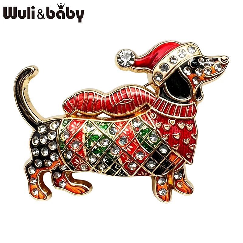 Wuli&baby Niedliche Weihnachts-Hundebroschen für Frauen Unisex 2-farbige Strass-Dackel-Tierbroschen für Neujahrspartys – Detail 2