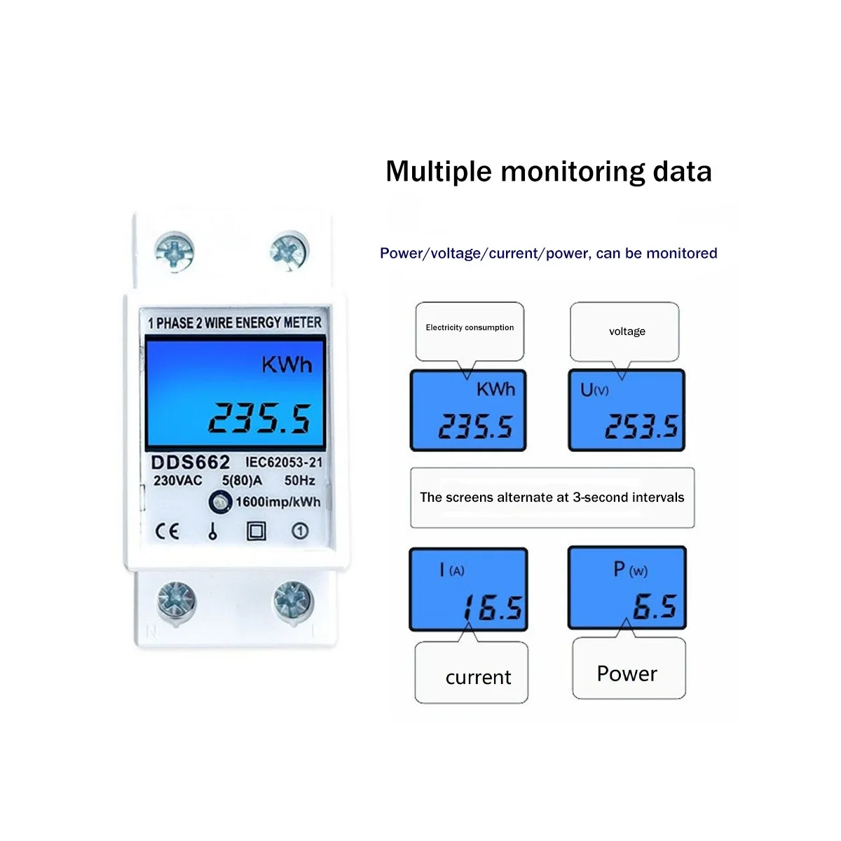 딘 레일 디지털 단상 리셋 제로 에너지 계량기, AC 220V Kwh 전압 전류 전력 소비 계량기 B
