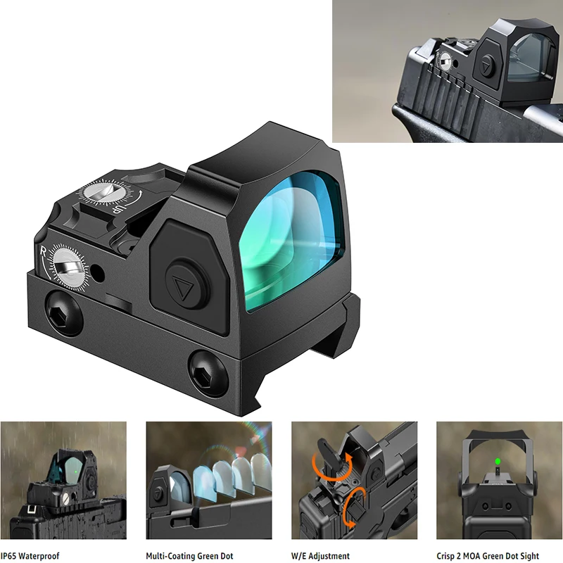 

EZshoot Full Sized Green Dot Motion Awake 2MOA Dot Open Reflex Optics for Pistols with Adapter Plate for MOS and Picatinny