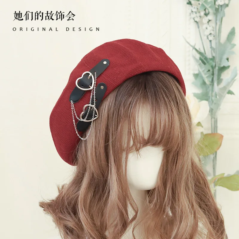 Beret lolita sweet girls hats Leather Metal Chain Heart women cool JK hat cute beret