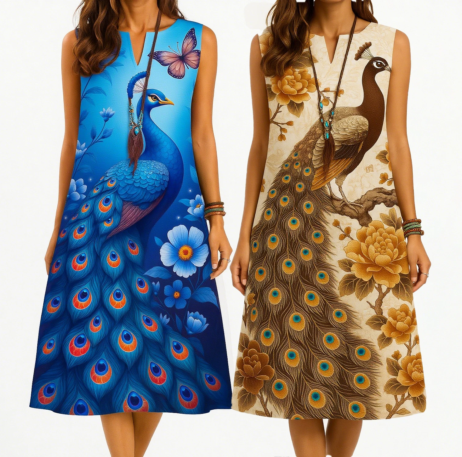 Kurt modisches und elegantes Damenkleid mit langen Ärmeln und geradem Schlauch, lässigem V-Ausschnitt und Pfauenmuster.