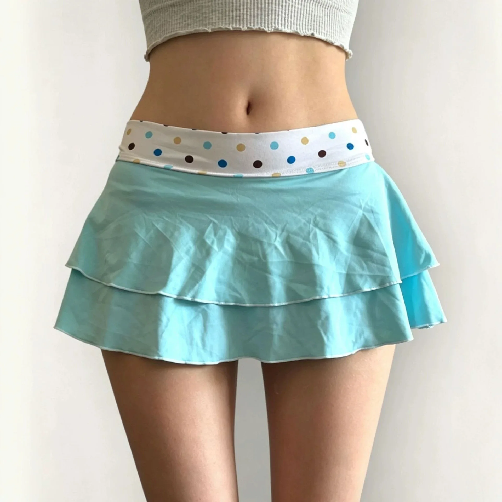 Y2K Millennial style Polka Dot print Harajuku Waist Double Layer Cake Short Skirt women Low Rise Ruffle Retro Sporty Mini Skirts
