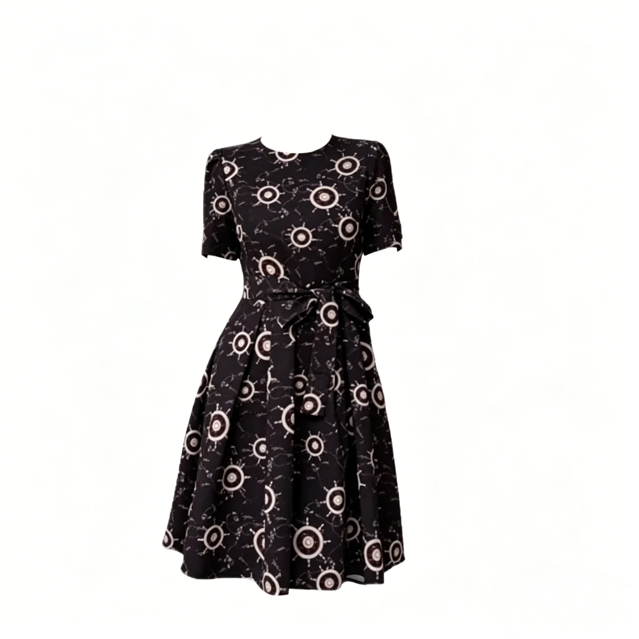 Women Summer Black Ship Wheel Print Belted Dress