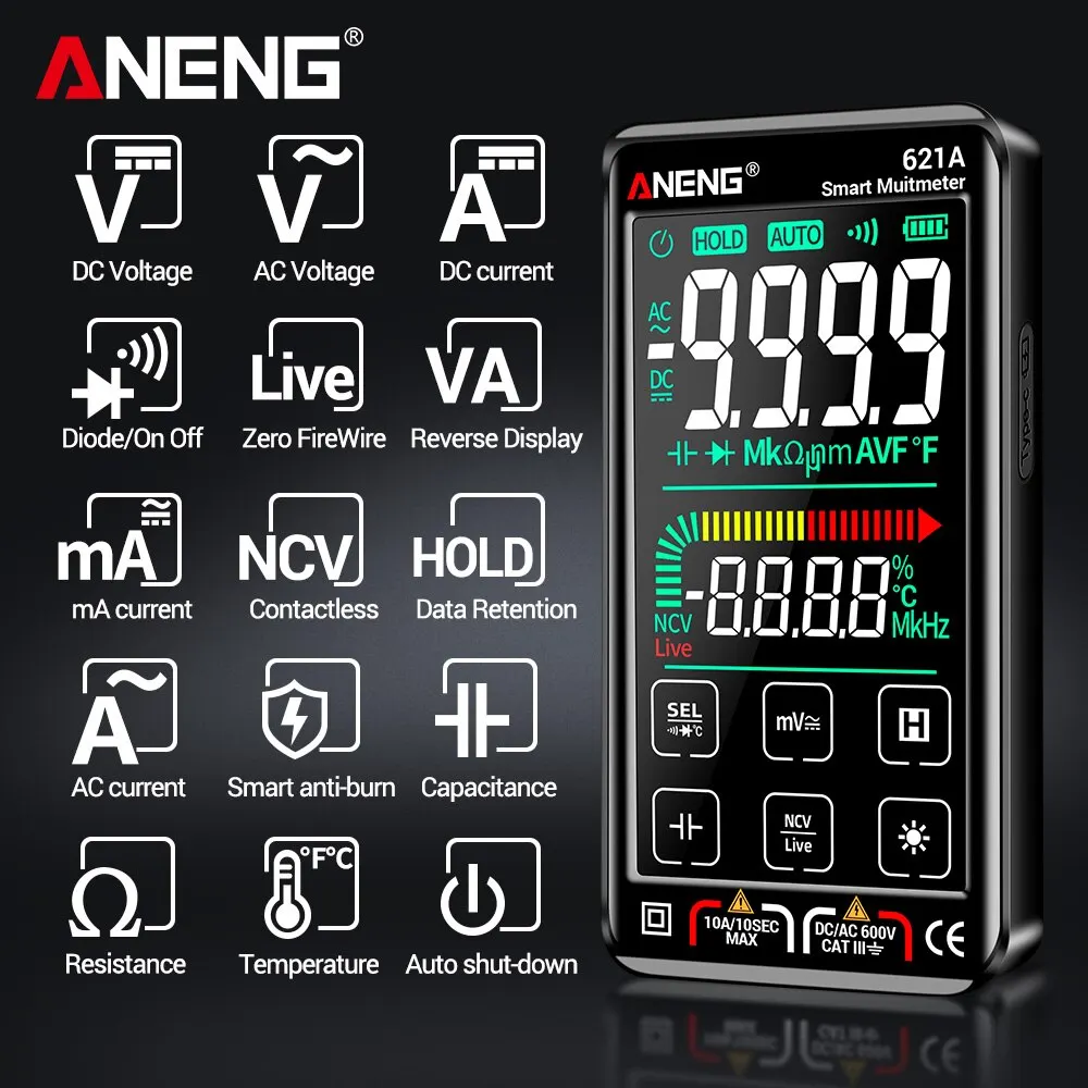 ANENG 621A Smart Digital Multimeter Touch Screen Multimetro Tester Transistor 9999 Counts True RMS Auto Range DC/AC 10A Meter