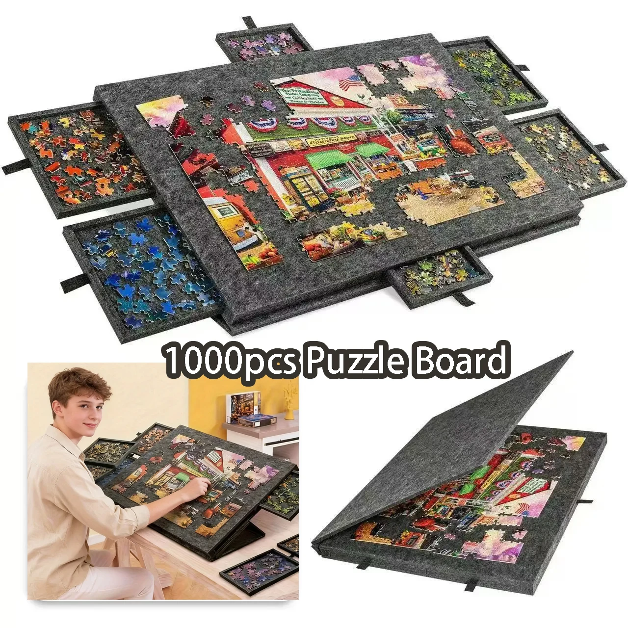

1000pcs Puzzle Board With 6 Sliding Drawers - Portable Non-Slip Organizer, Durable Storage for Home/Travel, Also Decor Panel