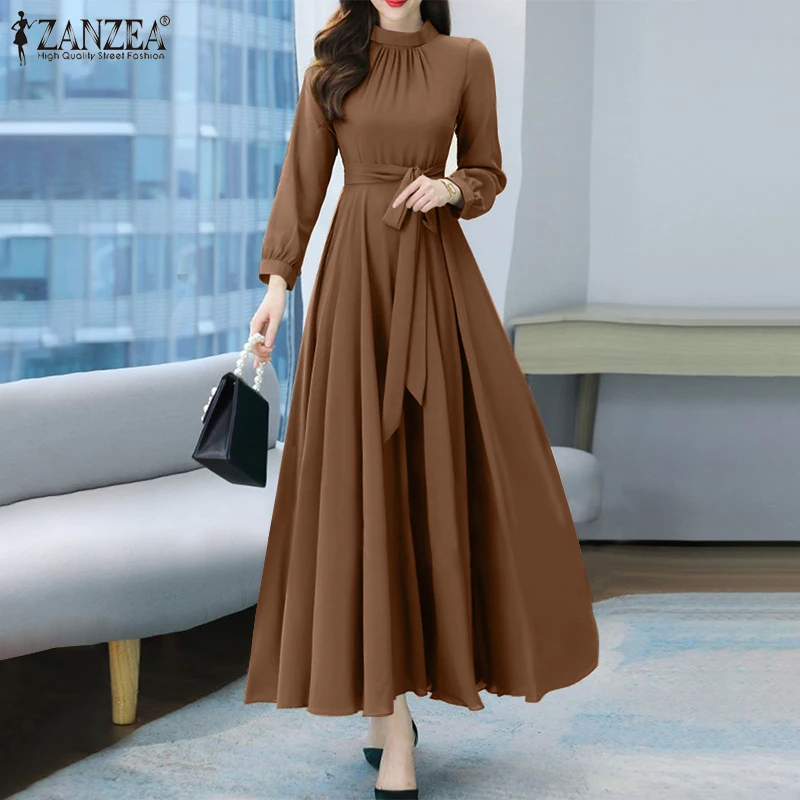 Elegantes Damen-Partykleid mit Stehkragen, Langen Ärmeln und Gürtel, A-Linien-Maxikleid ZANZEA, Herbst, Minimalistisch, Bürokleidung, 3XL