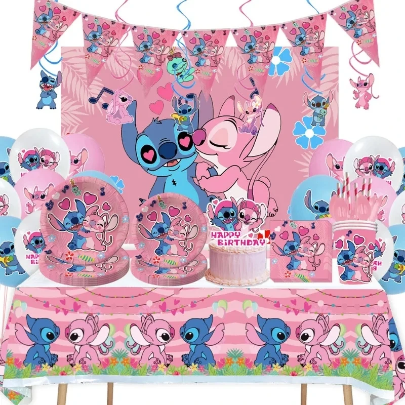 Disney Pink lnterstellar Stitch Angel Birthday party decoration Balloon Cake Flag Cutlery Plate Party Supplies