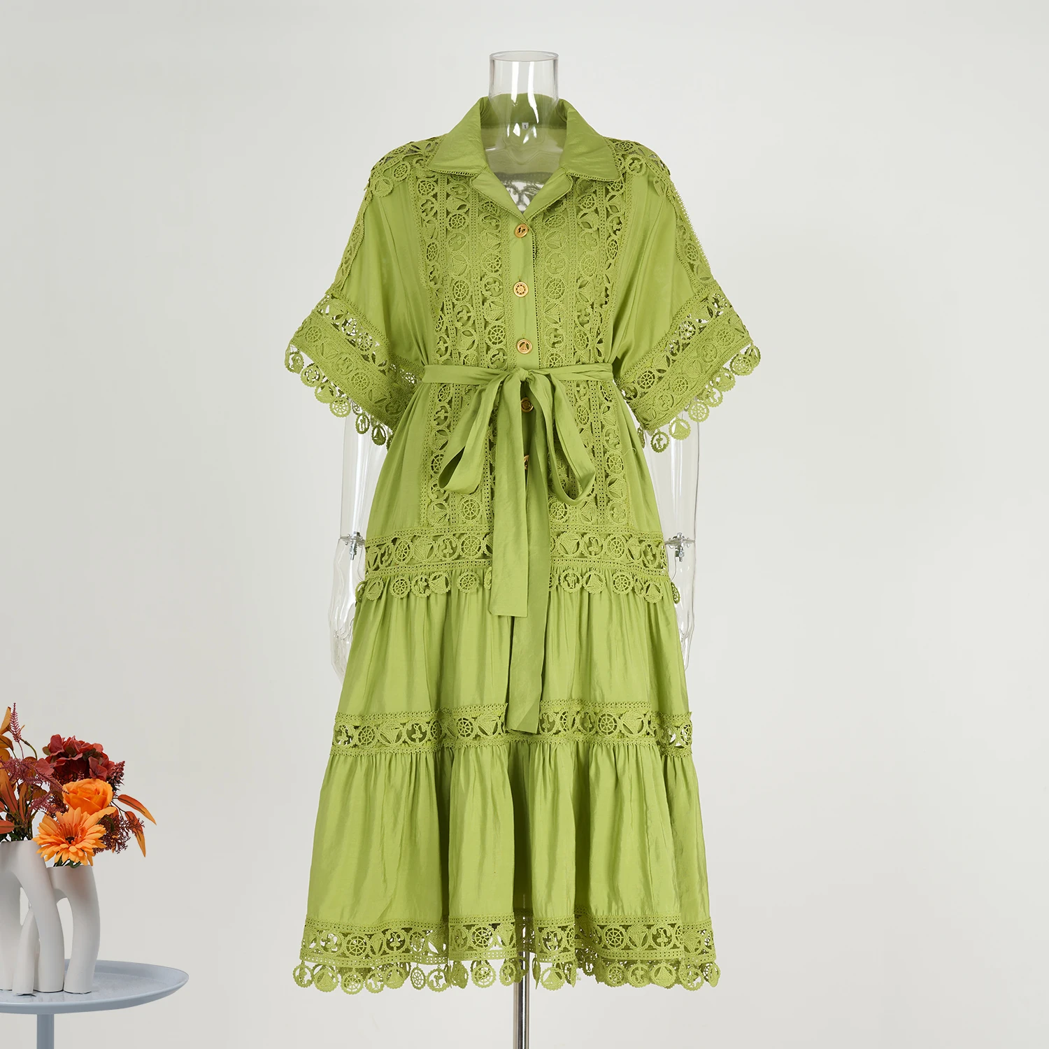 Runway 2025 Summer Lace Embroidery Short Sleeve Holiday Beach Dress Women's Hollow Out Lace Trim Evening Prom Party Vestido Robe