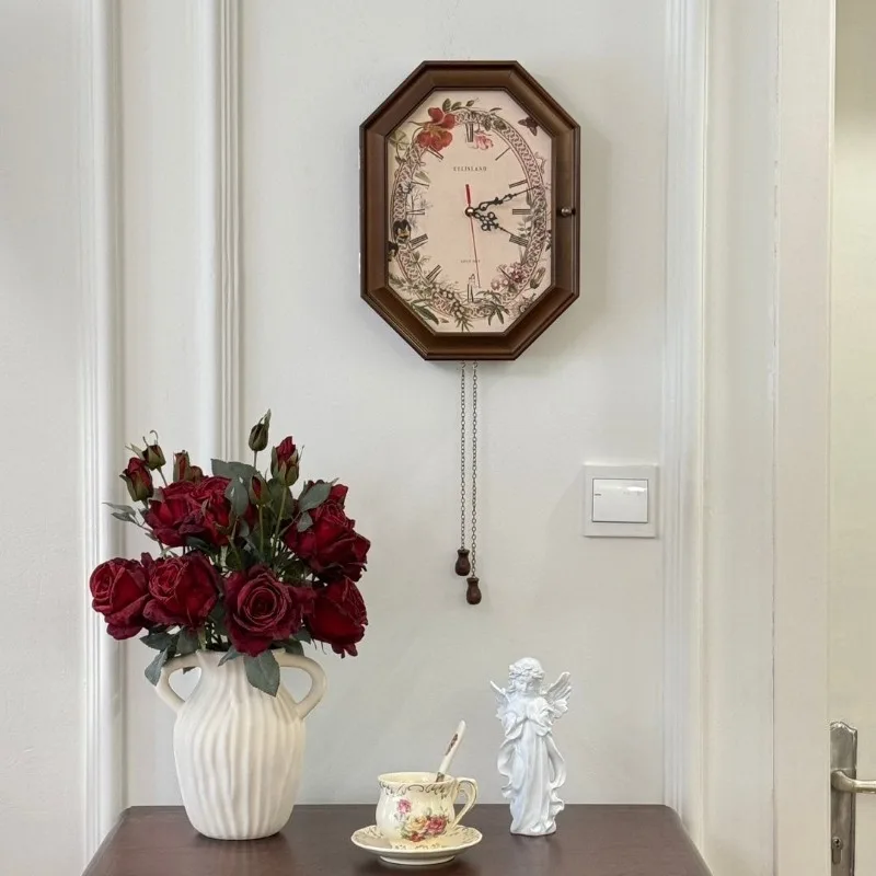 Solid Wood Wall Clocks French Storage Silent Octagonal Wall Clocks Vintage Decorative Painting Clock Multi-functional Home Decor