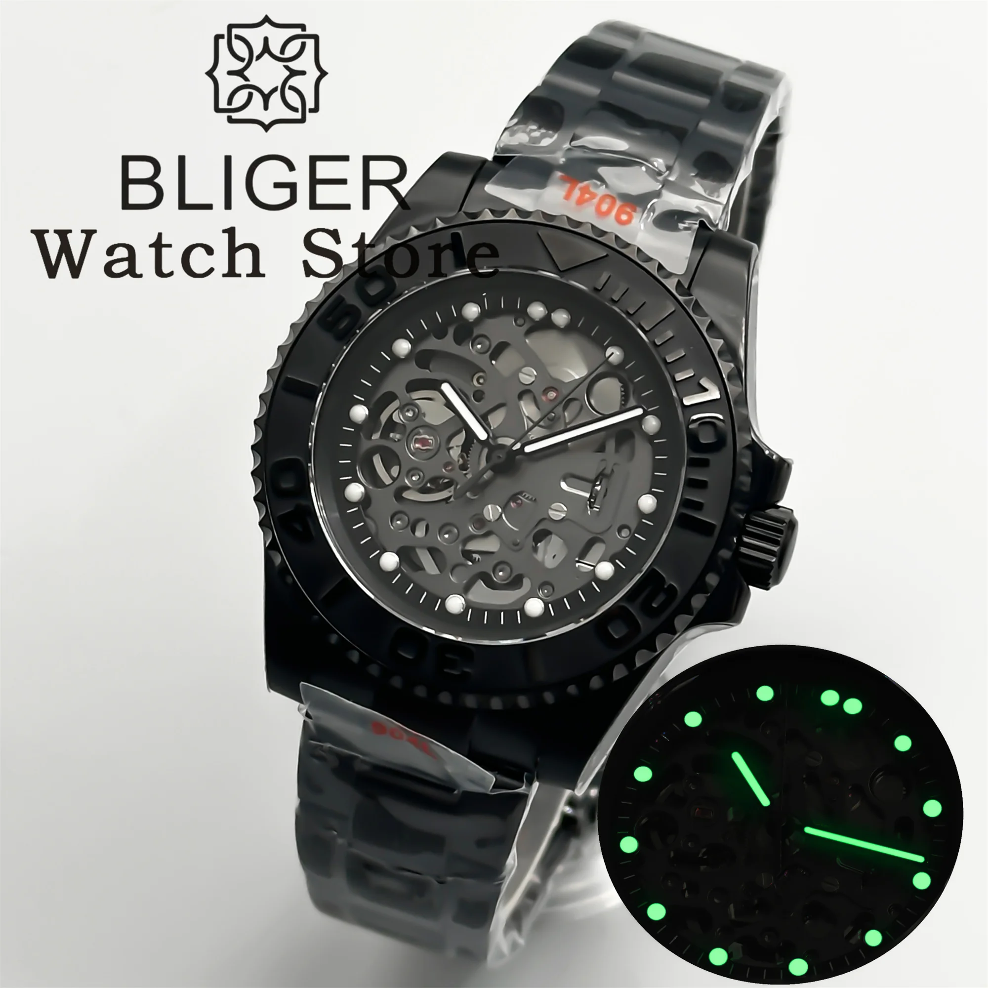 BLIGER 40mm Men's Automatic Diving Watch NH72 All-Black Skeleton Dial Sapphire Glass Waterproof Steel/Rubber Strap