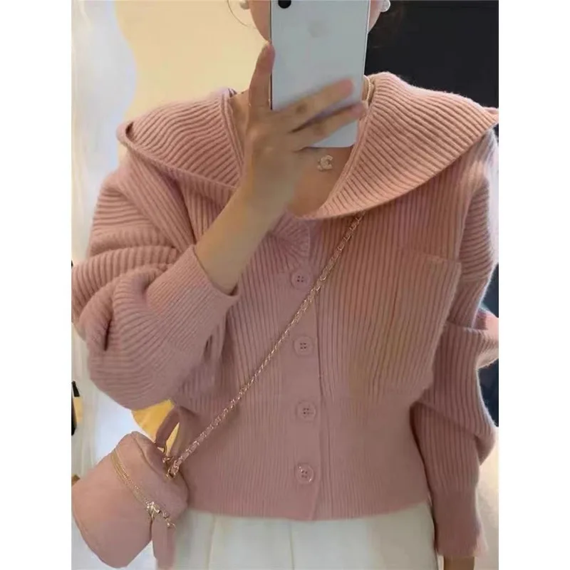 女性用ニットカーディガン,ボタンコート,フード付き襟,ランタンスリーブ,ポケットセーター,オフィスの女性,新しい春と秋,2023