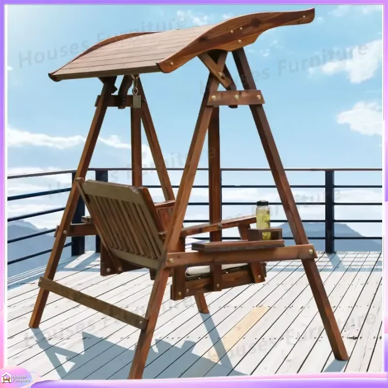 Outdoor Double Hammock Swing Chair Solid Wood Garden Terrace Hanging Seat for Two Persons Patio Furniture Relaxing Porch