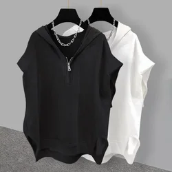 Sleeveless Hooded Sweater for Men and Women Monochromatic Zipper Loose Tank Top Korean Style Summer New Extra Large 150kg 2024