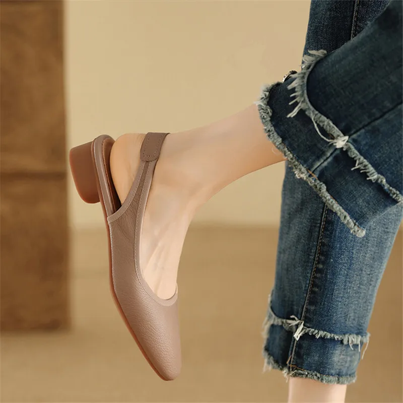 New Genuine Leather Sandals Sheepskin Summer Sandals Cover Toe Low Heel Sandals for Women Chunky Heel Shoes Sandalias De Mujer