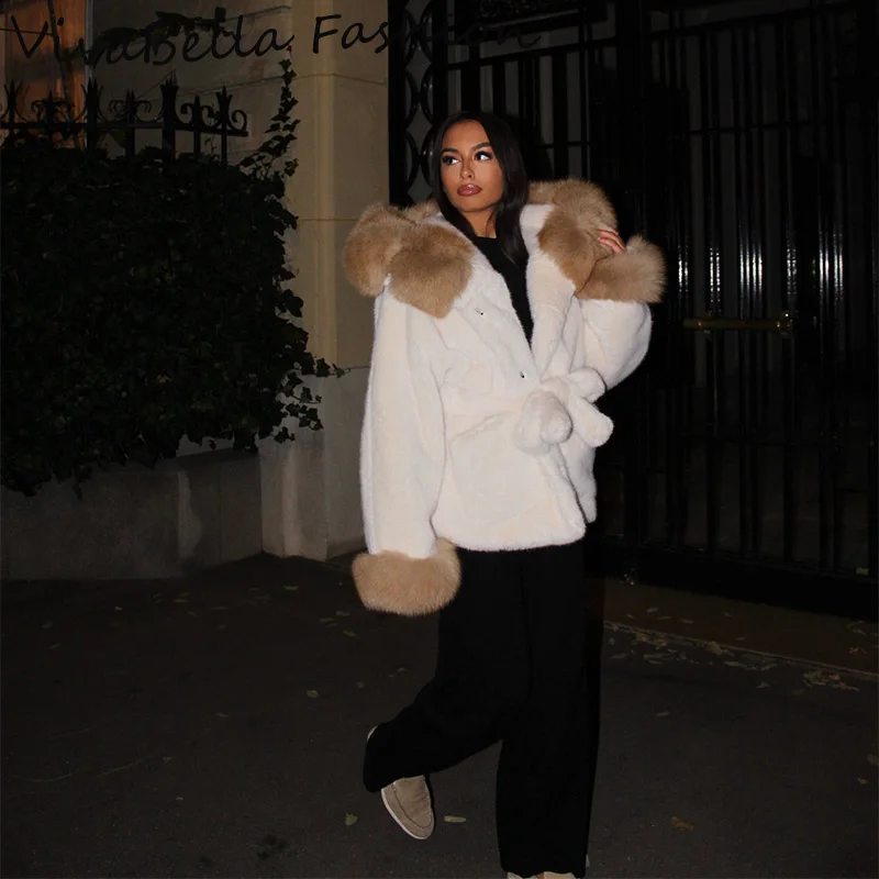 厚手の暖かいフェイクファーコート レディース ヴィンテージ パッチワーク ファーカラー スリーブ フード付きジャケット レースアップポケット アウターウェア 新品 レディースコート