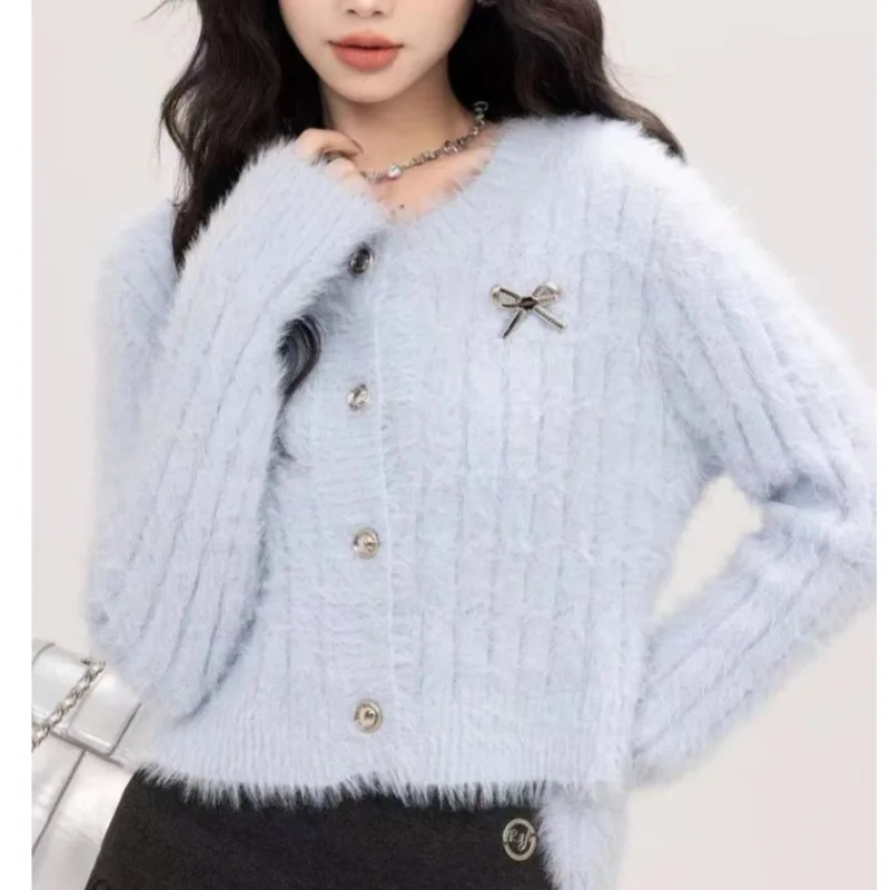 Faionable malha plu camisola feminina fino ajuste redondo ne ort sle outono inverno quente macio mistura acrílica topo