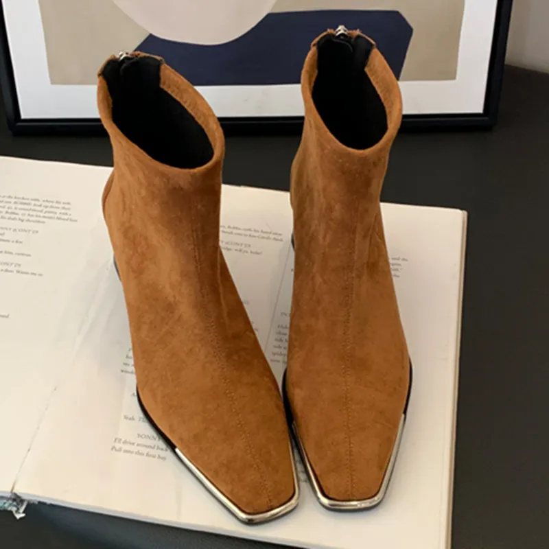 

Chelsea Boots For Women Square Toe Solid Color Suede All-Matching Back Zipper High Heel Female Shoes Fashion women Boots Casual