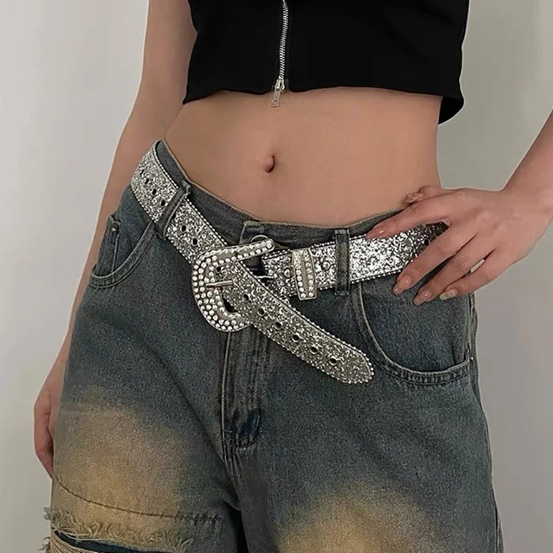 

Y2K женский модный однотонный ремень со стразами и шипами из искусственной кожи, регулируемый блестящий пояс с кристаллами для клубной вечеринки