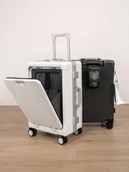 Bagages avant ouverts multifonctionnels avec chargeur USB et porte-gobelet, valise de voyage légère, côté dur, nouveau design, 2023