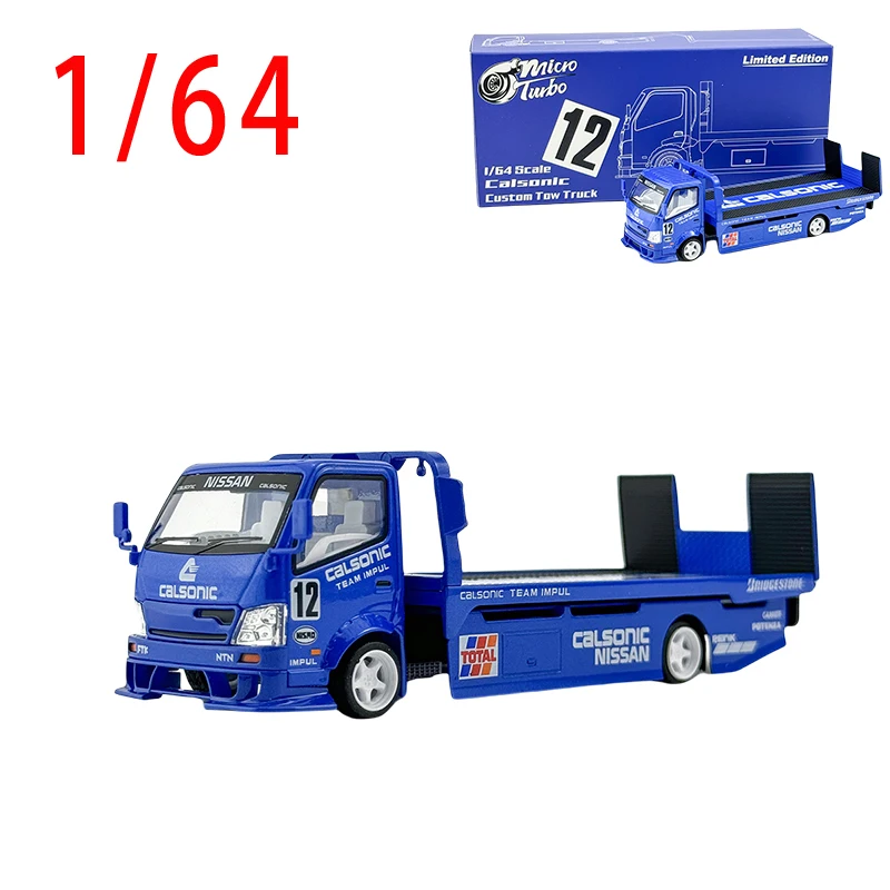 Micro Turbo 1/64 Scale Nissan Limited Calsonic Custom Tow Truck Full Floor Flat Trailer Alloy Car Model Transporter Car Model