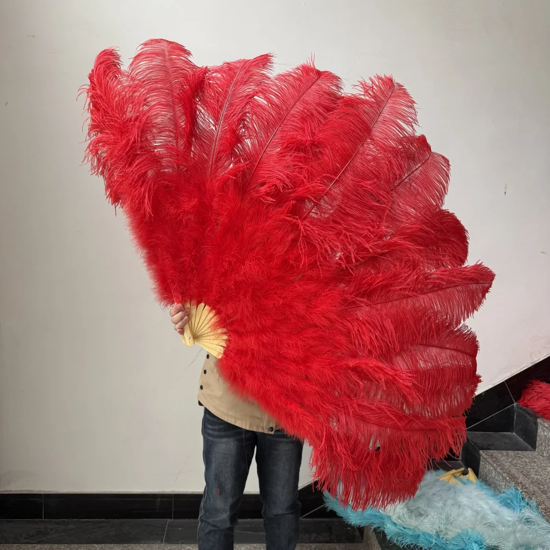 Red Big Feather Fan 13 Bone 75*130cm Handheld Ostrich Feather Fan for Wedding Party Dance Performance Props Plumes Accessories