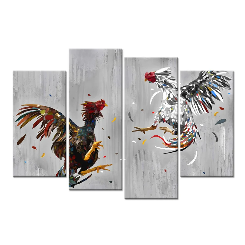 

4 Pieces Cock Fighting Home Decor Canvas Painting Rustic Rooster Poster Print Modern Style Picture Living Room Wall Art