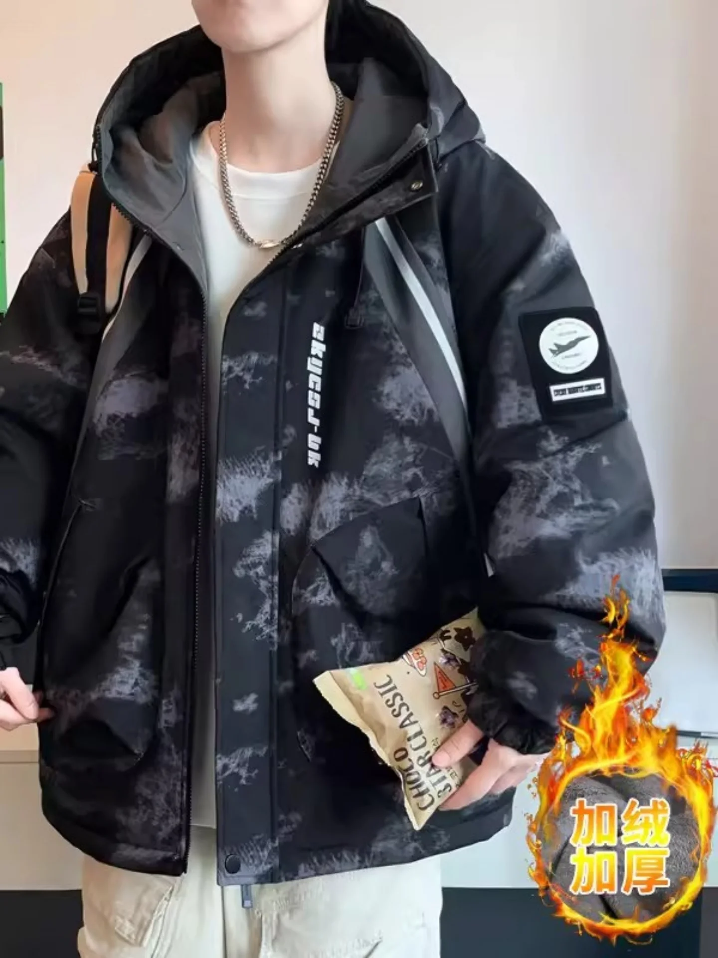 

Мужская утепленная хлопковая куртка с капюшоном в студенческом стиле, зимняя теплая верхняя одежда, повседневная, с длинными рукавами, на молнии, с геометрическим узором