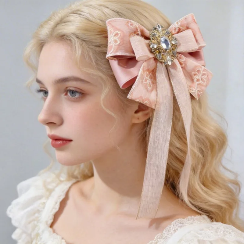 

New Korean Version Sweet College Style Collar Flower Accessory Ribbon Pink Rhinestone Big Bow Tie Brooch Hair Accessory Dual-use