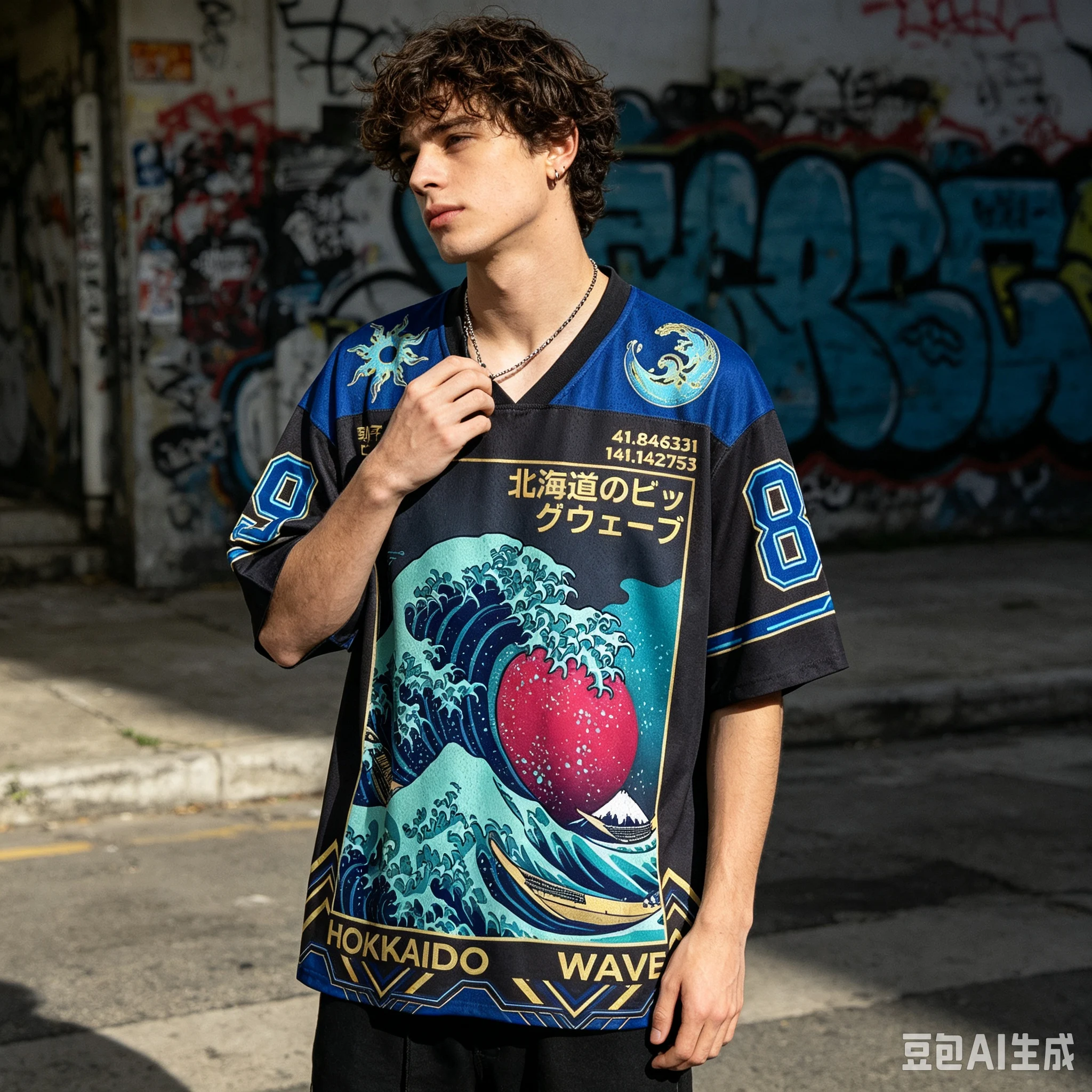 2026 Neues Unisex Harajuku-Style Jersey-T-Shirt mit Ukiyo-e Meereswellen-Grafik, V-Ausschnitt, Kurzarm, Hip-Hop Street Loose Casual Oberteil – Detail 8