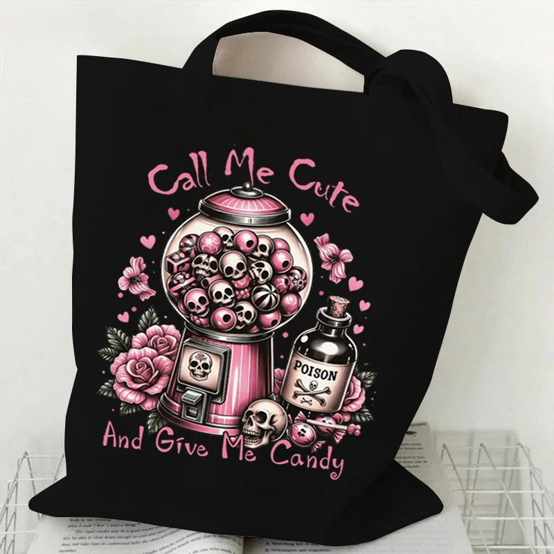 Spooky Halloween Tote Bags Women Horror Skeleton Design Canvas Shopping Bag Unisex Flower Skeleton Vintage Style Shoulder Bags