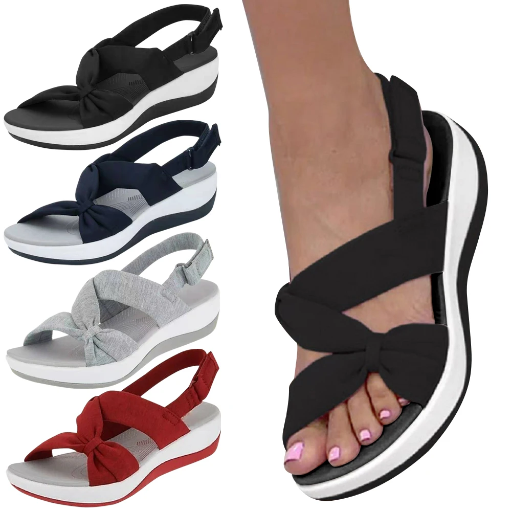 Women Bow Ergonomic Slip on Sandals Anti Slip Fashion Low Platform Sandals Comfortable Hoop & Loop Fastener for Outdoor Travel