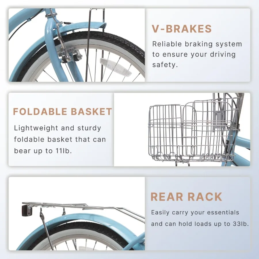 دراجة كروزر للشاطئ للسيدات مقاس 24 26 بوصة، سرعة واحدة و7 سرعات للبالغين، دراجة هجينة للركاب للاسترخاء على الشاطئ #3