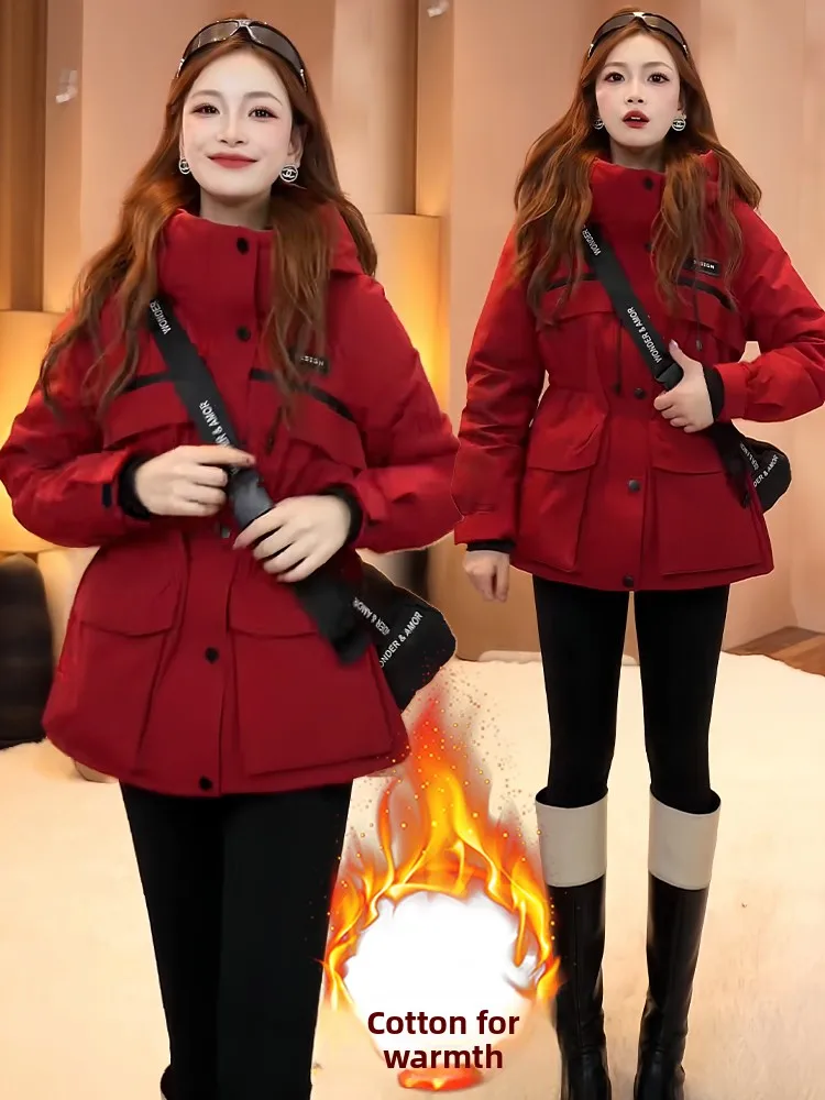 한국 슬레 티엔드 페이스 라인드 후드 다운 코튼 재킷 여성용 겨울 신상 슬레 웨이스트 따뜻한 아우터웨어